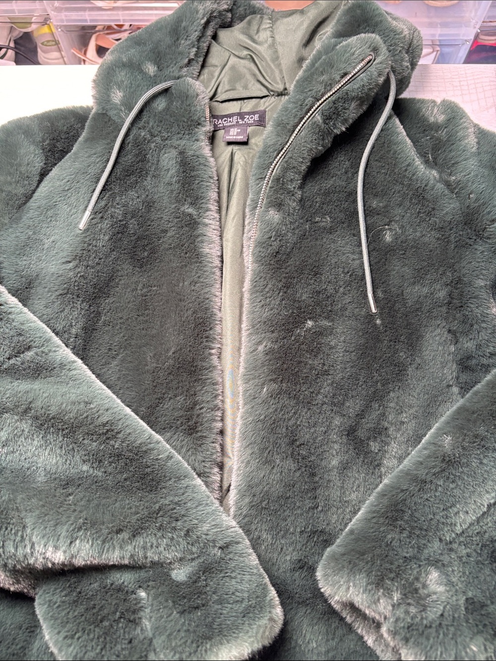 Rachel Zoe Deep Green Plush Faux Fur Hooded Jacket
